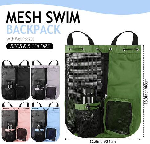 5 قطع من حقائب السباحة الشبكية برباط مع جيب مبلل، حقيبة رياضية شبكية خفيفة الوزن على الشاطئ للنساء والرجال، حمام السباحة، صالة الألعاب الرياضية، الغطس، معدات التمرين، 5 ألوان in Kuwait