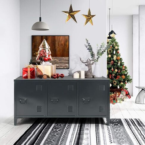 FurnitureR Office File Storage Console Cupboard Metal Cabinet 3 Door Cupboard Locker Organizer with Walnut MDF Top Black Metal Frame in Saudi Arabia