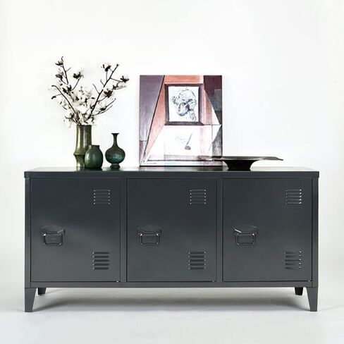 FurnitureR Office File Storage Console Cupboard Metal Cabinet 3 Door Cupboard Locker Organizer with Walnut MDF Top Black Metal Frame in Saudi Arabia