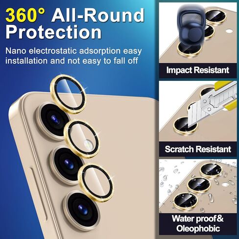 for Samsung Galaxy S24 Camera Lens Protector, Individual Metal Ring Tempered Glass Lens Cover, [Strong Adsorption] Scratch Resistant Ultra-Thin HD Clear Lens Cover, 1 Set-Black Ring in Saudi Arabia