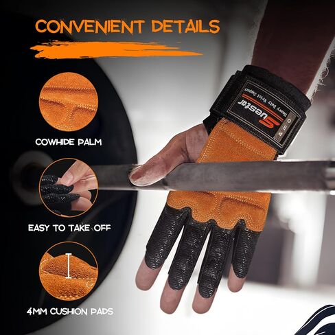 قفازات رفع الأثقال، قفازات تمرين راحة اليد من جلد البقر شديدة التحمل مع دعم لفافات المعصم، حماية كاملة لراحة اليد ومقابض سيليكون وقفازات الصالة الرياضية لرفع الأثقال والرفع الميت والتمرين in Kuwait