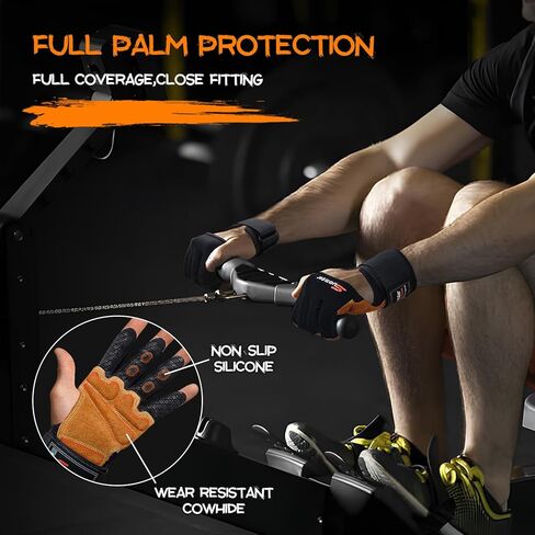 قفازات رفع الأثقال، قفازات تمرين راحة اليد من جلد البقر شديدة التحمل مع دعم لفافات المعصم، حماية كاملة لراحة اليد ومقابض سيليكون وقفازات الصالة الرياضية لرفع الأثقال والرفع الميت والتمرين in Kuwait
