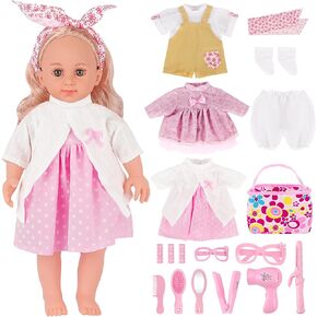 deAO Baby Doll Set 14" Baby Doll with 3 Clothes and 15PCS Accessories Girl Doll Dress Up Set,Pretend Play Toys,Gifts for Age 3 4 5 6+ Girls Kids