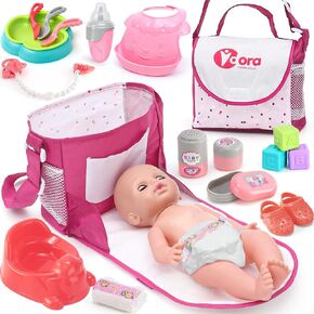 Baby Doll Accessories Playset, Baby Doll Care Toys with Changing Bag Feeding Set Baby Doll Nappies Bottle Bath, Pretend Play Toys Birthday for Kids Girls (Baby Doll Not Included)