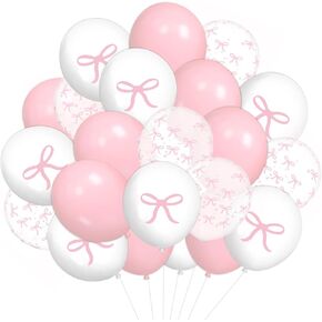 60Pcs Party Decoration Pink Bow Latex Balloon 12 in Pink White Bowknot Party Balloon Cute Bowtie Clear Printed Balloon for Birthday Bachelorette Bridal Party Decor