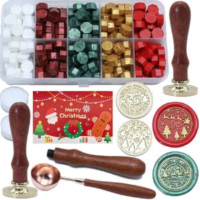Santa Claus Wax Seal Stamp Kit, ONWINPOR 2Pcs Christmas Wax Sealing Stamp Set with 200Pcs Christmas Wax Seal Beads, Christmas Tree Elk Wax Stamp, Wax Seal Spoon, Wax Seal Pen and Candles