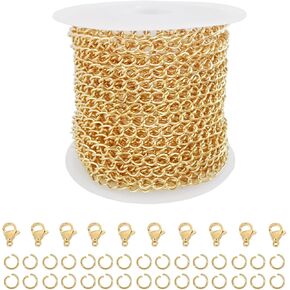 KEIAOUE 16.4 Feet Gold Plated Stainless Steel Chains Roll 3mm Bulk Curb Necklace Chain for Jewelry Making