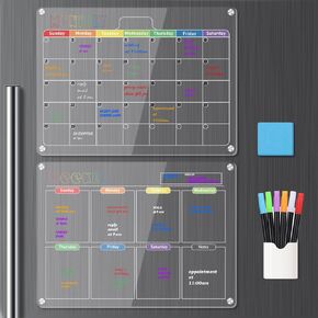 Hivillexun 16.5"x12" Clear Acrylic Magnetic Dry Erase Board with Monthly & Weekly Planner and Daily Notepads, 6 Markers & Large Eraser for Refrigerator Organization (Blcak)