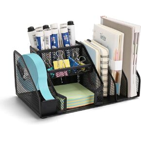 Mesh Desk Caddy Pen Organizer and Mail Sorter, Small Multifunction Metal Office Desktop Organizers Accessories for Office Home School (2-In-1)