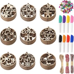 191 Pieces Christmas Wooden Ornaments Unfinished, Hollow Letter DIY Craft Christmas Hanging Wood Ornaments Cutouts with 8 Pens and 90 Bells for Kids Xmas Tree Hanging Tags Decoration, 9 Styles