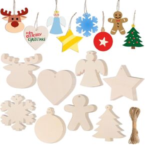 AWIZOM 72 Pcs Unfinished Wooden Christmas Ornaments Set Wooden Christmas Cutouts Blank Wooden Christmas Slices Wooden Christmas Tree Hanging Decoration for DIY Xmas Holiday Winter Crafts Tags,8 Styles