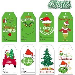 Doumeny 120PCS Christmas Gift Paper Tags Merry Christmas Tags Present Xmas Green Monster Name Tags Christmas Tree Holiday Tags Funny Gnome Hanging Labels with 65 Feet Twine for Crafts Gift Wrap Decor