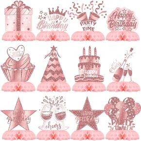 Pink Rose Gold Party Decorations, 12Pcs Pink Rose Gold Honeycomb Birthday Decorations, Elegant Rose Gold Table Toppers Party Decorations for Women, Perfect Birthday Table Decorations
