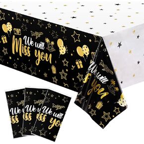 3 Pieces We Will Miss You Tablecloth Going Away Party Decorations Retirement Themed Table Cover Stars Disposable Plastic Table Cloth for Farewell Anniversary Party Supplies (Black and Gold)