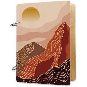 SUPERDANT Wooden Card Keeper Memory Book Loose Leaf Binder Greeting Card Postcard Photo Album Cover Abstract Mountain Sun Birthday Reminder Calendar Holder Organizer Card Keepsake NO BINDER RINGS