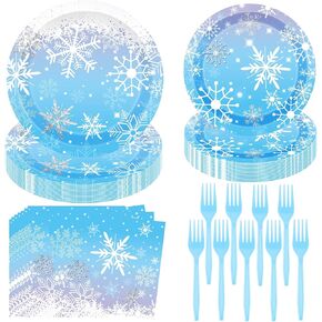 Winter Snowflake Birthday Party Supplies 96 PCS Christmas Snowflake Paper Plates and Napkins Forks Disposable Tableware Set for Christmas Winter Wonderland Frozen-theme Party Decorations