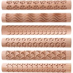 Wood Clay Pattern Roller Textured Rolling Pin Clay Modeling Pattern Rollers, 5.9inch Wooden Handle Clay Texture Slab Roller Clay Pottery Rolling Pottery Tools for Ceramic (Style 1)