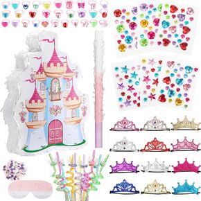 Syhood 70 Pcs Castle Princess Party Decorations Set Princess Castle Piñata Princess Tiaras Crown Blindfold Mask Gem Stickers Gem Rings and Straws for Princess Theme Birthday Party Supplies Decor