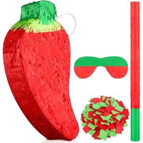 Meooeck Red Chili Pepper Piñata with Piñata Stick and Blindfold, Fiesta Piñata Funny Piñata for Hot Pepper Festival Chili Pepper Themed Birthday Party Supplies Decoration, 13.39 x 6.3 x 3 Inch