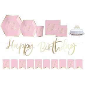 Serves 30,Gold Foiled Pink Ombre Happy Birthday Party,10.5" Hexagon Dinner Plates,8" Hexagon Dessert Plates,30 Cups,12 Ounce,Happy Birthday Gold Foil Banner,Ideal for Pink Themed Birthday Party