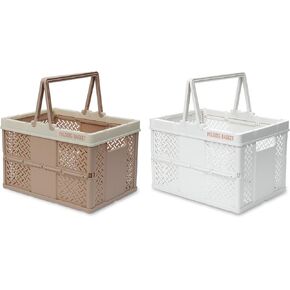 TRZZ سلتان تخزين بلاستيكيتان بمقابض، سلة معلقة قابلة للطي للتنظيم، صناديق تخزين باستيل للسيارة والمطبخ والمكتب والحمام وتنظيم النزهة، أبيض + موكا. (12.2" 9" in Kuwait