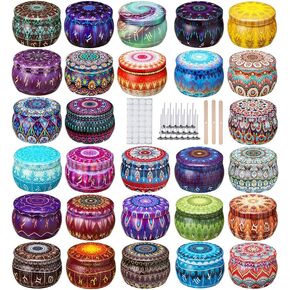 Arxinor 4.5OZ 28 PCS 28 Patterns Empty Candle Tins Candle Jars for Candle Making with Wicks, Wick Holders& Stickers