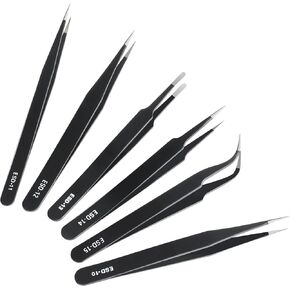6 Pcs Precision Tweezers Set, Premium Anti-Static Stainless Steel Tweezer, ESD Curved of Tweezers for Electronics, Craft, Laboratory Work, Jewelry-Making, etc