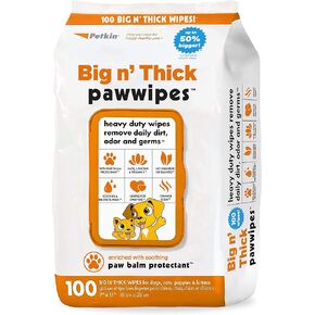 Petkin Big N' Thick Paw Wipes for Dogs, 100 Large Wipes - Clean Dirty Paws After Muddy Walks, with Paw Balm Protectant - Keep Floors and Furniture Clean - Ideal for Home or Travel - Orange Scent