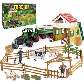 Farm Tractor Playset, 62 Pcs Farm Toy Set for Kids with 1/24 Tractor, Dumpable Traile, Bale Grapple, Big Barn, Farm Life Accessories, Map - Toys for 3+ Year Old Boys Girls