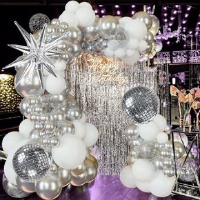 Disco Party Balloon Garland Arch Kit 134 Pcs Metallic Silver Matte White Confetti Balloons Disco balls Ideal for Adult Birthday Dancing Theme Decor Graduation Party New Year Eve 2025 Events