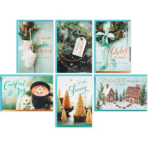 Hallmark Boxed Christmas Card Assortment, 'Tis the Season (72 Cards and 72 Envelopes) Bottle Brush Trees, Cocoa, Rustic Wreath, Mittens