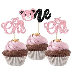 Gyufise 24Pcs Bear Cupcake Toppers Glitter Bear One Cupcake Picks First Birthday Cake Decorations for Gender Reveal Bear Theme Baby Shower Kids Birthday Party Supplies