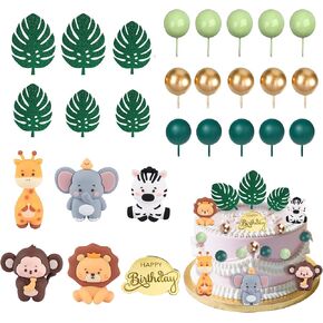 27PCS Safari Animal Cake Topper, Plam Leaves Balls Cake Decorations Birthday Cake for Wild Theme Birthday Decorations Baby Shower Supplies