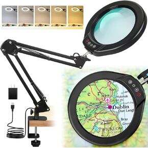 5 Inch Real Glass Magnifying Glass with Light and Clamp, 10X LED Adjustable Swivel Arm Desk Lamp, 5 Color Modes Brightness Steepless Dimmable, Hands Free Lighted Magnifier Stand for Close Work, Craft