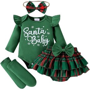 Newborn Baby Girl My First Christmas Outfit Deer Print Romper Buffalo Plaid Skirt Tutu Dress Leg Warmers Cute Clothes