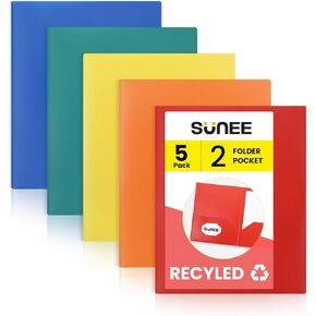 SUNEE Folders with Pockets, 5 Pack Recycled File Folders Fit 8.5x11 Letter Size Paper, Pocket Folders for School, Plastic Folders with Pockets and Business, Assorted Colors