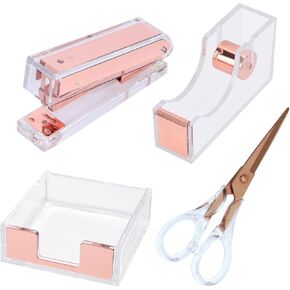 Buqoo Office Supplies Acrylic Stapler and Tape Dispenser Set 1-Inch Core Tape Holer 6.3 Inches Fabric Scissors N Sticky Notes Holder Acrylic Stapler Desktop School Supplies kit (Black Gold-4)