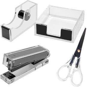 Buqoo Office Supplies Acrylic Stapler and Tape Dispenser Set 1-Inch Core Tape Holer 6.3 Inches Fabric Scissors N Sticky Notes Holder Acrylic Stapler Desktop School Supplies kit (Black Gold-4) in Kuwait
