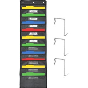 Sutekus Hanging Wall File Organizer with 10 Nametag Pockets Black Wall Storage Pocket Chart with 3 Overdoor Hangers for Files Folder Magazines Paper