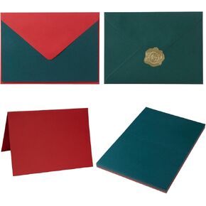 50 Pack Christmas Envelopes with Cards Red Green Thick Folded Cardstock and Gold Stickers for Christmas Greeting Cards (4x6)