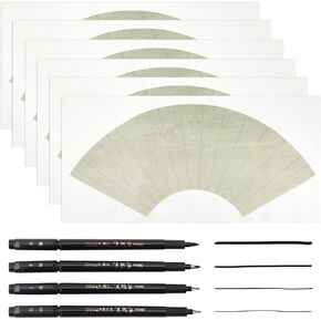 PH PandaHall 10 Sheets Pre-Mounted Shikishi Paper Raw Xuan Paper Fan Pattern Shikishi Board Chinese Drawing Rice Paper with 4pcs Calligraphy Brushes Pen for Painting Wall Art Decoration