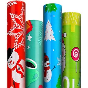 Christmas Wrapping Paper, Gift Wrapping Paper Roll with Snowman & Snowflakes Pictorial for Christmas, New Year, Holiday, Party, 4 Rolls, 17 In X 17 Feet In Per Roll