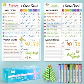 Chore Chart for Kids with 8 Markers, 2 Pack 8"x12" Chore Chart for Kids Multiple Kids, Behavior Chart for Kids at Home, Responsibility Chart for Kids/Teens/Adults, Magnetic White Chore Board