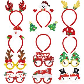 12PCS Christmas Headbands and Glasses Frames Set, Cute Christmas Headbands Party Glasses Frames Accessories for Kids Women Men Christmas Party Favors Gifts and Photo Booth