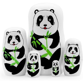 5 Pieces Panda with Bamboo Nesting Dolls Black and White Panda Wooden Matryoshka Dolls Animal Russian Nesting Doll Kids Boys Girls Stacking Toy Gift for Baby Shower Christmas Birthday