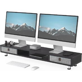 Fenge Monitor Stand, Dual Monitor Stand with 2 Drawers, Monitor Riser for 2 Monitors, Adjustable Height Computer Stand, Office Monitor Stands for Desk, Laptop, PC, TV, Printer