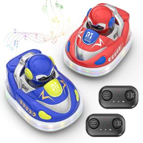 Whimsyland 2 Pack Remote Control Car for Toddlers Set, RC Bumper Cars Cartoon for Kids Toys 6+ with Lights & Music, Rechargeable & Catapult Figures Popping Up