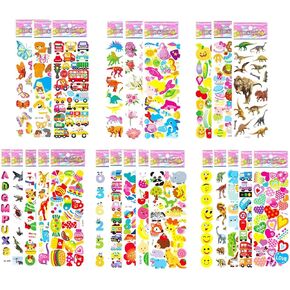 Puffy Stickers for Kids Toddlers, Small 3D Stickers Variety Pack, Kid Stickers Sheets Bulk, Mini Party Favor for Kids Boy (Dinosaur Car Animal Dog Flower Heart Number Food Truck) 24 Sheets