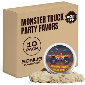 Monster Truck Party Favors for Kids 3-8 (10 Jars) Quartz Sand - Monster Truck Sand - Sensory Sand for Kids-Includes Customizable Printable Monster Truck Birthday Decorations-Creative Molding Sand