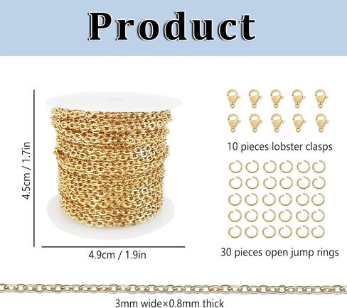 KEIAOUE 16.4 Feet Gold Plated Stainless Steel Chains Roll 3mm Bulk Curb Necklace Chain for Jewelry Making in Saudi Arabia